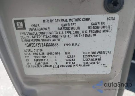 2004 Chevrolet Tahoe C1500 из США, поврежденный, VIN 1GNEC13V24J330563